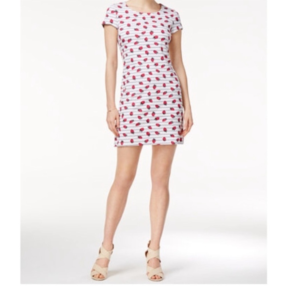 Maison Jules Strawberry Print Knit Dress XS White Red Stripe Cute